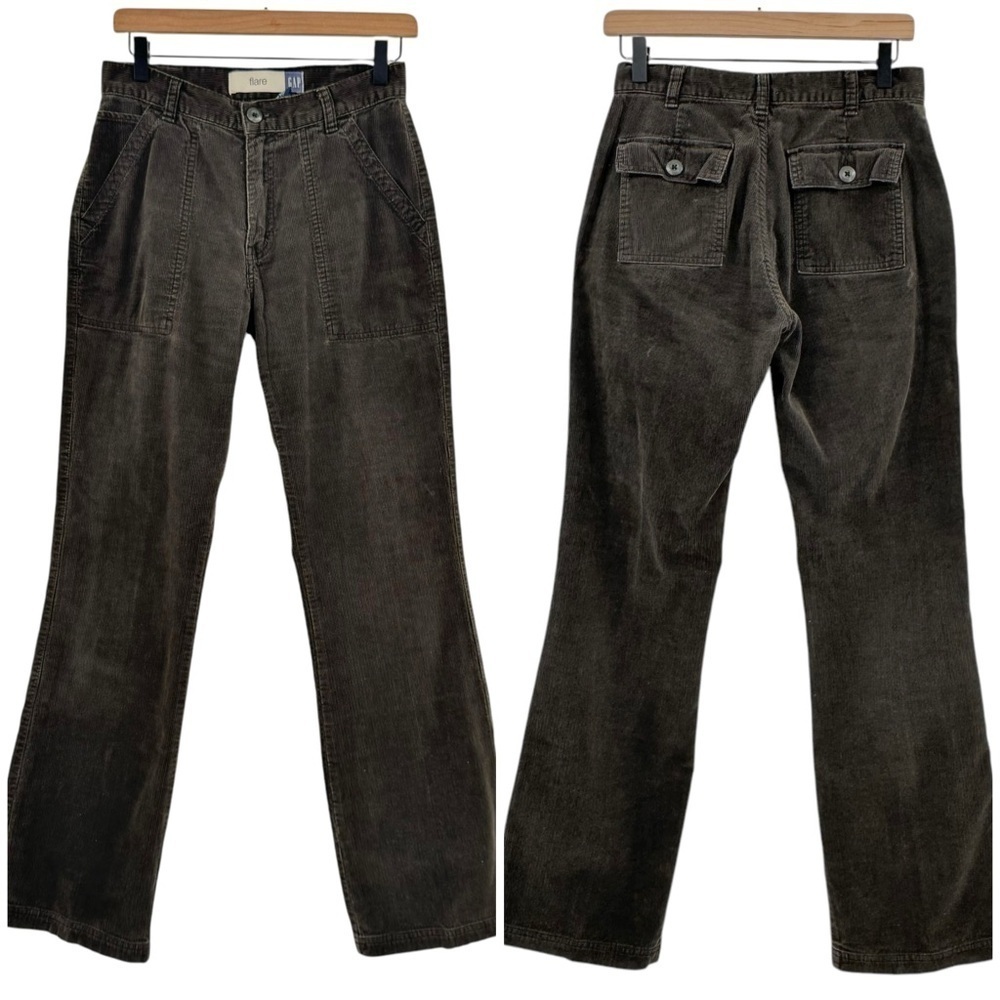 Vintage GAP Flare Corduroy Pants Mid-Rise Carpenter Cargo Pockets Dark Brown | 4